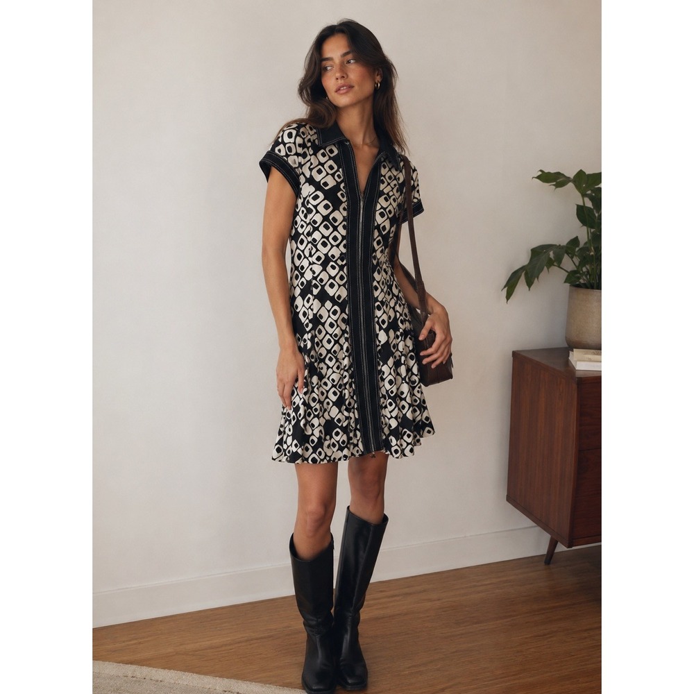 Vintage Connected Apparel Geometric Mod Dress Size 12 Black White Retro 60s